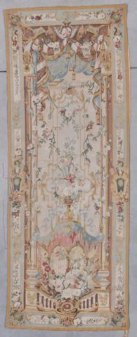 This 19th century Flemish tapestry #8113 measures 2’5” X 6’4”. It is a vertical view of a balcony with columns on either side containing a beautiful floral motif of hanging vines and  ...