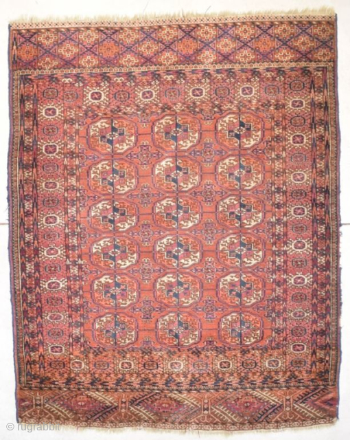 This circa 1900 TEKKE BOHKARA #8245 Oriental rug measures 4‘9 ” x  3’10“.  The ends have a very interesting finish. The top end is a five sided square with each  ...