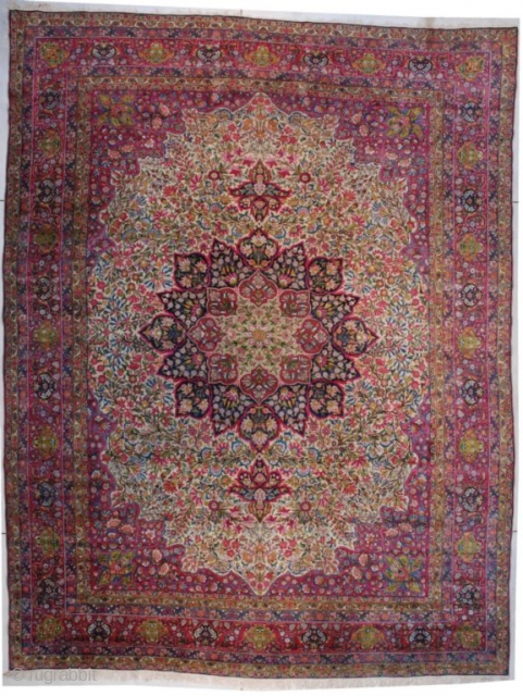 7385 Laver Kerman

This circa 1890 Laver Kerman measures 12’3” X 16’0” (374 x 486 cm). It has an ivory field completely covered in green foliage with touches of red and magenta. There  ...