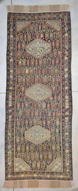 Antique Shirvan/Baku 4’11” x 13’8″ #8125 This 3rd quarter 19th century Shirvan is most probably Baku from Azerbaijan measures 4’11” x 13’8″. To me the blue is the giveaway to Baku. i  ...