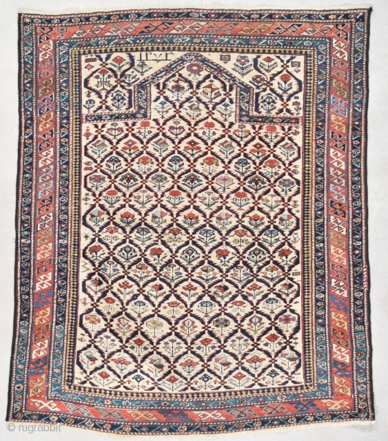 #7559 Marasali Shirvan Antique Caucasian Rug
This dated 1856 (1273 AH) Marasali Shirvan antique Oriental Rug measures 3’7” X 4’4” (112 x 134 cm). It has a lattice design on an ivory ground.  ...