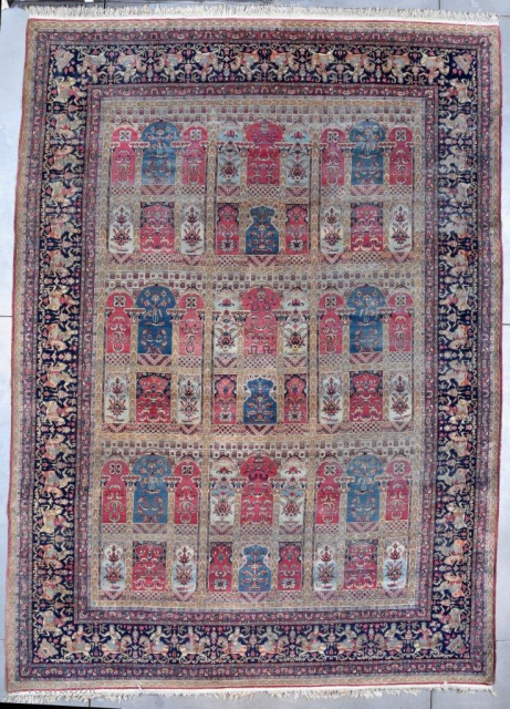 This circa 1925 Persian Laver Kerman antique Oriental rug #7754 measures 11’6” X 15’10”. This is a very interesting rug. It has a garden design consisting of six rows of squares. Rows  ...