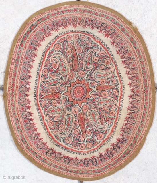 http://www.antiqueorientalrugs.com/CLOSEUP%20PAGES/7039%20kerman%20embroidery.htm This 19th century antique Kerman embroidery measures 10” X 11 ½”. It has an ivory ground with an orange star medallion surrounded with botehs of various colors. It has no condition  ...