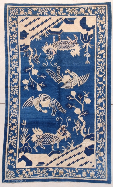 #7617 Peking Chinese Rug
This circa 1890 Peking Chinese Rug measures 4’2” X 6’8” (128 x 207 cm). It has two foo lions at either end of the rug facing each other with  ...