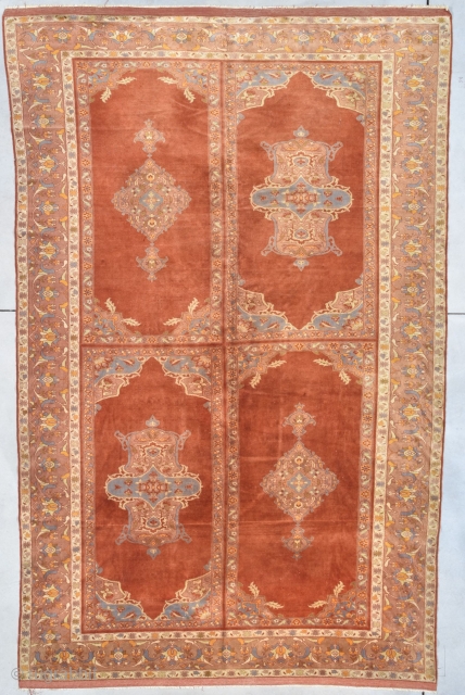 This circa 1900 Amritsar antique carpet #8006 from India measures 7’4” X 11’4”. It is a very finely woven rug with beautiful softly spun wool. The field of the rug is divided  ...
