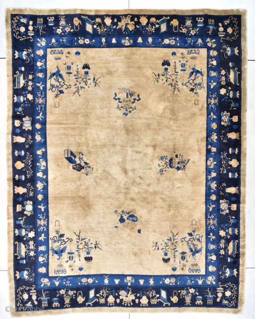 #7726 Peking Chinese Rug

This circa 1900 Antique Peking Chinese Oriental Rug measures 9’2” X 11’7” (280 x 356 cm). It has a very nice café au lait field with scattered images of  ...