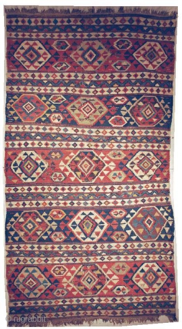 This circa 1870 Shirvan kilim measures 4’10” x 9’0””. The blacks are oxidized causing some small holes. There is a small nick at one end. The sides are complete

https://antiqueorientalrugs.com/product/5739-antique-caucasian-kilim/    