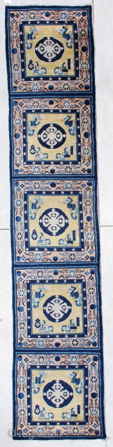 #5996 Antique Ningxia Runner
This is a 19th century Ningxia Chinese Meditation Carpet. It measures 2’6” x 12’6”. It is full pile and consists of five panels. It has blue center medallions on  ...