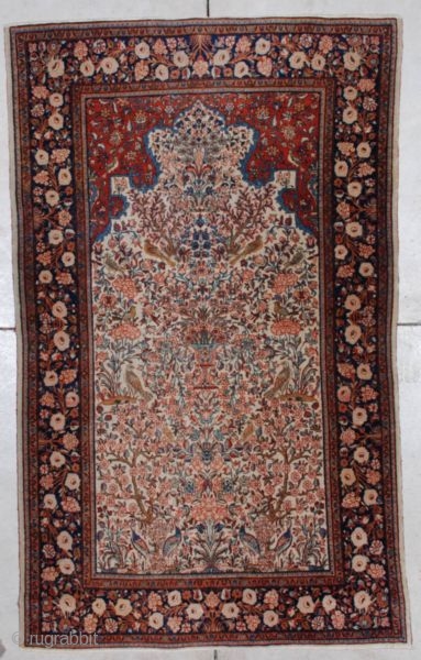 #7206 Fereghan Sarouk
This circa 1900 Fereghan Sarouk measures 4’1” X 6’9”. It has a meditation design with birds and flowers.  It has tomato red spandrels containing birds and trees.  It has a  ...