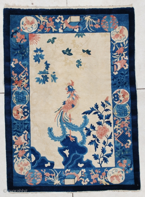 #6381 Antique Peking Weave Art Deco Chinese Rug
This circa 1910 Peking weave Art Deco Chinese rug measures 3’7” x 5’1”. It has a phoenix bird in rose, ivory and blue standing on  ...