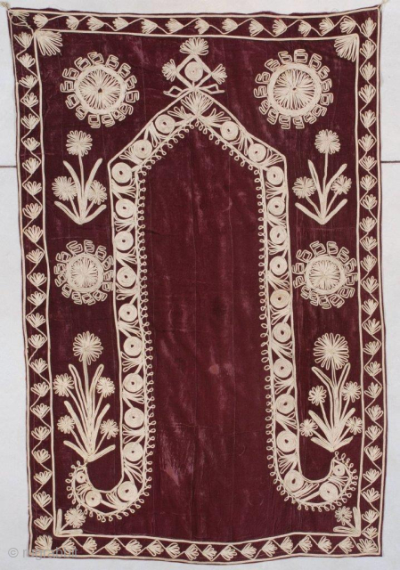 This very rare possibly 18th century Ottoman prayer tapestry measures 3’7” X 5’5” (112 x 167 cm). The deep maroon velvet with a mihrab prayer motif is stitched in metal, possibly silver ...