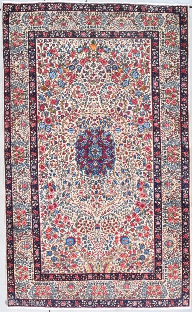 Laver Kerman Persian Oriental Rug 4’7” X 7’6” #7993
This circa 1930 Laver Kerman Persian Oriental rug measures 4’7” X 7’6”. This type of Kerman is known as Mille fleur for obvious reasons.  ...