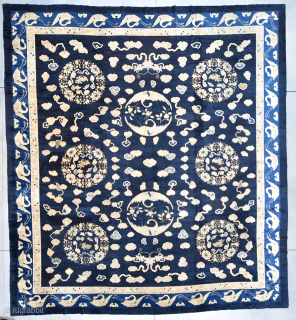 #7080 Antique Peking Chinese Rug 14’0″ X 15’5″
This circa 1860 antique Peking Chinese Oriental carpet rug measures 14’0” x 15’5” (425 x 471 cm). It has a navy blue ground with six ...