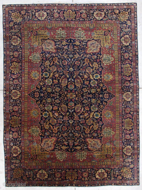 This Amritsar carpet #7293 measures 7’3” x 9’9” (222 x 301 cm). It is extremely finely woven from the finest pashmina wool. It has a dark blue center with a very complicated ...