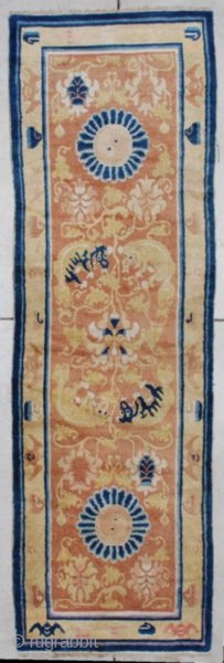 #7254 Ningxia Runner

This circa 1850 antique Ningxia runner measures 2’6” X 7’10”. It is a lovely little Ningxia in blues, yellows and golds.   The field has two pairs of foo  ...