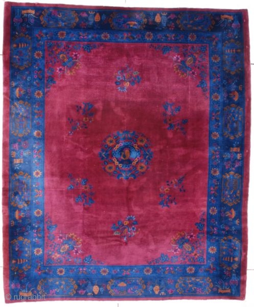 #7546 Art Deco Chinese Rug
This circa 1910 Art Deco Chinese Oriental Rug measures 9’6” X 11’3” (292 x 344 cm).  It has a deep dark bing cherry red field which has contains  ...