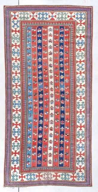 #7372 Kazak Antique Caucasian Rug Size: 3’6″ x 7’3″ (109 x 222 cm) Age: Circa 1870 https://antiqueorientalrugs.com/product/7372-kazak-antique-caucasian-rug/                