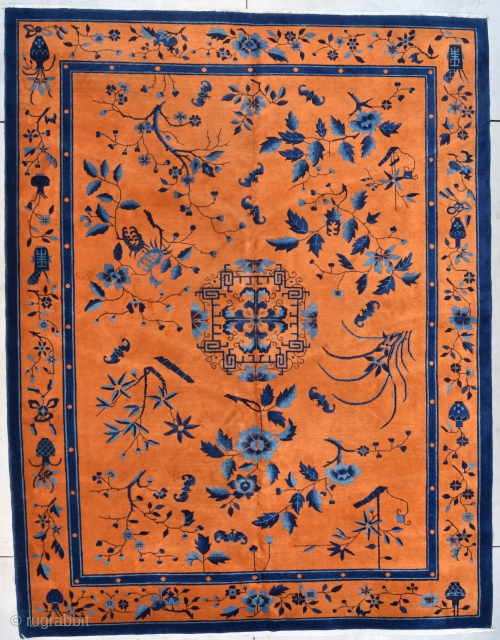 This circa 1925 Art Deco Chinese Oriental Rug measures 9’0” X 11’7” (274 x 356 cm). This rug is a fantastic color of pumpkin. I have never seen a rug in this  ...