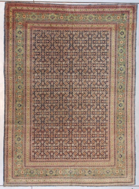 #7631 Fereghan Sarouk

This circa 1890 Fereghan sarouk measures 5’9’ X 8’0” (179 x 243 cm). It has a beautifully drawn Herati motif in pale blue and rust on a dark blue ground.  ...