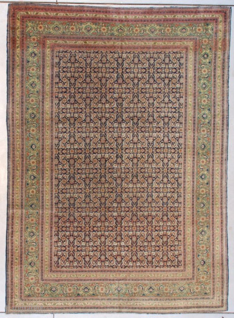 This circa 1890 antique Fereghan Sarouk #7631 Oriental Carpet measures 5’9’ X 8’0” (179 x 243 cm). It has a beautifully drawn Herati motif in pale blue and rust on a dark ...