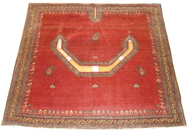 #6578 Senna Saddle Oriental Rug This mid 19th century Senna Saddle Persian Oriental Rug measures 3’6” x 3’6”. It is the only red Senna Saddle i have ever seen. It is full  ...