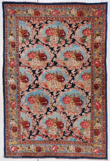 This circa 1910 antique Bidjar Oriental Rug #7472 measures 4’4” X 6’6”. This is a very lovely French design antique Bidjar. The roses, which are typical in this type of Bidjar, are  ...