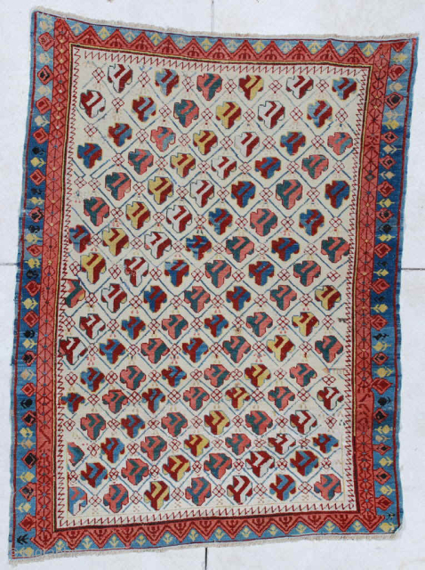 This circa 1850 Kuba #6449 measures 3’8” x 4’9”. It is a fantastic and essentially mint condition Kuba for its age. This beauty has 14 diagonal rows of a very abstract flower  ...