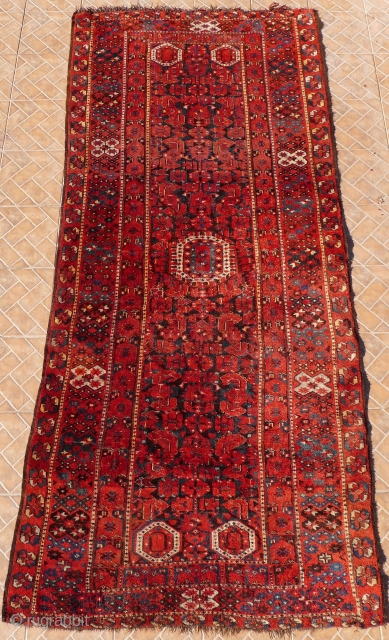 Ersari Beshir Main Carpet,  Amu Darya region, Turkestan,  10.4ft x 4.6ft. (317 x 140 cm.) 19 th. century
The design with characteristic herati field pattern. Central medallion with four minor ones  ...