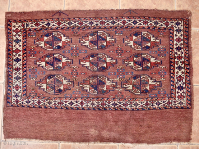 Yomud Chuval, 110 x 80 cm. 3 rd. qtr. of 19 th. century. 3 x 3 Gul design with some simple, elementary sub-guls, indicative of good age. Three kinds of blue: dark  ...