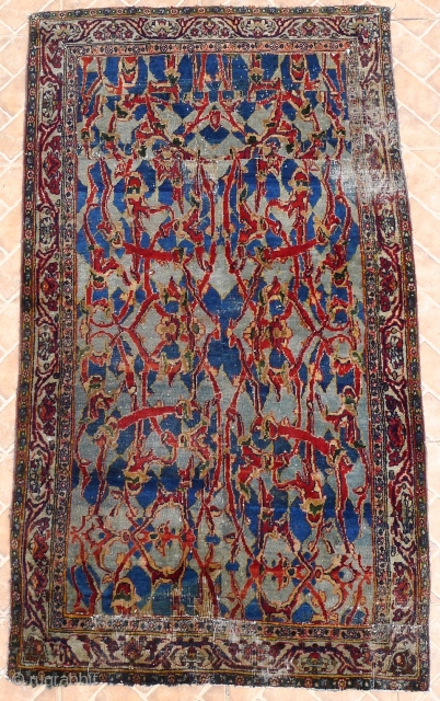 An antique 'Hadji Jalili' Tabriz carpet fragment, 5ft x 2.85ft (153 x 87 cm.) circa 1870-1880. The pale blue ground with arabesque, garrus type of floral design with rust brown tendrils. Typical  ...