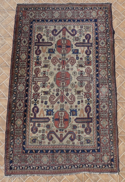 An antique  Perpedil rug.
Size: 3.6 ft. x 6 ft. (111 cm. x 185 cm.)
The design with bold ram's horns and resting camels on an attractive ivory ground.
Well-balanced design with beautiful and  ...