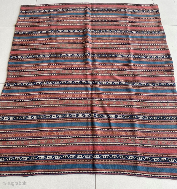 Karadagh Cicim from Southwest Caucasus. 
Vegetable dye and cochineal. Early 20th Century piece. 132x156cm. Thin as a curtain/pardah. Great condition one or two small hole repairs.       