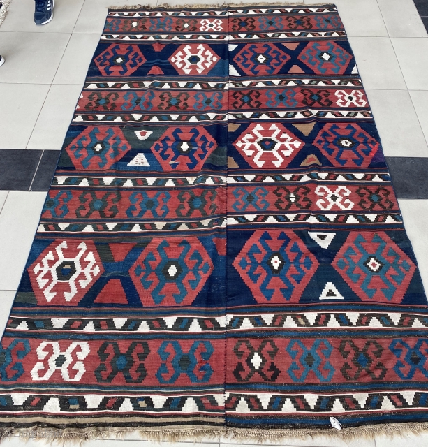 Antique Shirvan Kilim with almost excellent condition. Dyed with vegetable dye and cochineal. Late 19th Century. Old of the wall. Fully intact and made of two panels. No hole, no stain. A  ...