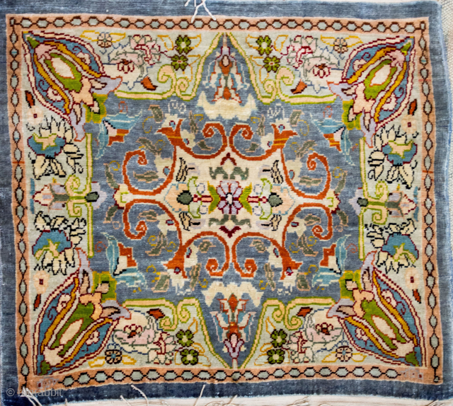 Turkish Hereke rug with signature. Silk on silk. Amazing quality. High number of knots on each centimetersquare as seen on last two photos. 33 x 35 cm. Photos taken indoors with the  ...