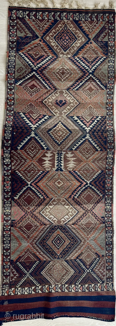 Early kilim rug from nomadic Kurdish tribals. Most likely Herki tribe. Sumak-like wrapped weaving. 72 x 210 cm. Excellent condition. Contact: rohat_berk_kartal@hotmail.com           
