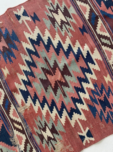 Antique Shirvan Kilim runner from Caucasus. Timeless masterpiece with a striking color and motif combo. 74 x 292 cm. Circa 1880s. There are worn areas as in pictures yet in great condition. 