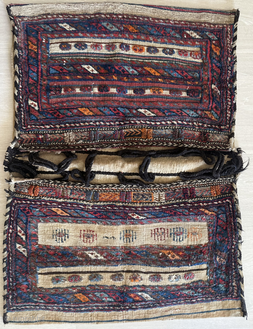 Antique Bakhtiari tribal saddlebag (khorjin), probably early 20th century, circa 1900–1920, possibly late 19th century. Excellent condition. Excellent colors. 86 x 116 cm size. Collectible piece. Available. Contact: rohat_berk_kartal@hotmail.com