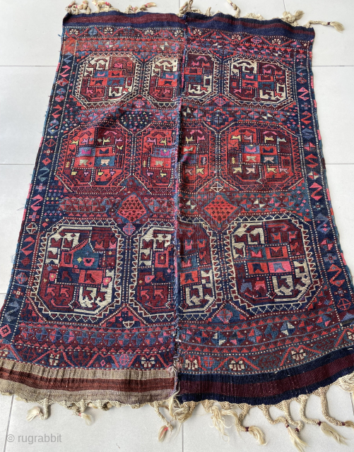 Old Kurdish kilim woven probably by Herki Nomads. Woven as two seperate kilims and subsequently joined together. Slit-woven with soumak-wrapped outlines. Size is 136 x 189 cm. All natural vegetable colours except ...