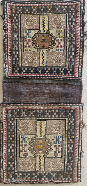 Early sumak saddle bag. Most probably Shahsavan origin. Size is 38 x 88 cm. Circa 1920-30s. Great example of Shahsavan sumak weaving. Typical and minimalist but very lovely. Well preserved & in ...