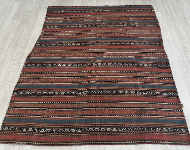 Antique Caucasian (Karabagh or Shirvan) striped flatweave kilim. Circa 1880s-1900s. Great condition with a few small holes and stains. The size is 131 x 155 cm. Available. Contact: rohat_berk_kartal@hotmail.com    
