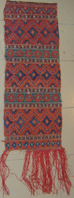 Rare North African(?) embroidery fragment, silk on home-spun wool foundation, 19th.Cent.,
36''( including original fringe) X 11''.                 