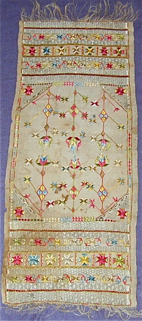 Silk embroidered textile on linen with open work,some staining, India, 30'' X 12''.                    