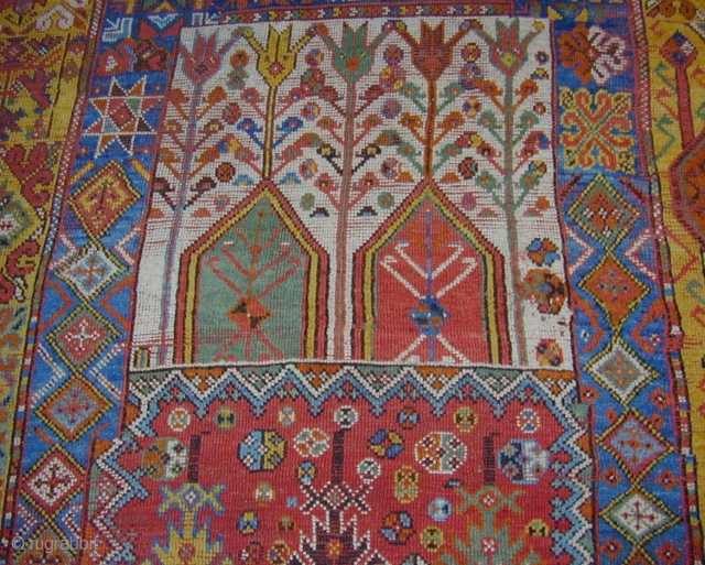 Rabat carpet, Morocco, extraordinary colors. Ca. 1800,
deaccessioned from museum many years ago, original side cords and partial
kelim at one end, in my collection for, at least, 35 years, 15'6" X 6'9"[473 X  ...