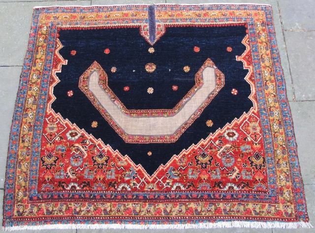 Finely woven Senneh saddle cover, excellent condition,
Northwest Persia, Kurdistan, 19th. century, 37" X 32"[94 X 82cm]                 