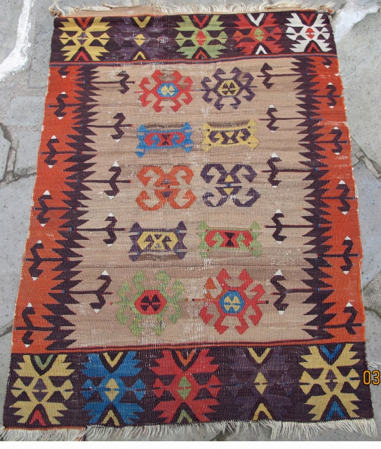 Small 18th. century Central Anatolian kelim with a camel field showing an overall design with exquisite natural dyes 
including a deep aubergine. 50" X 36"[127 X 92cm]      