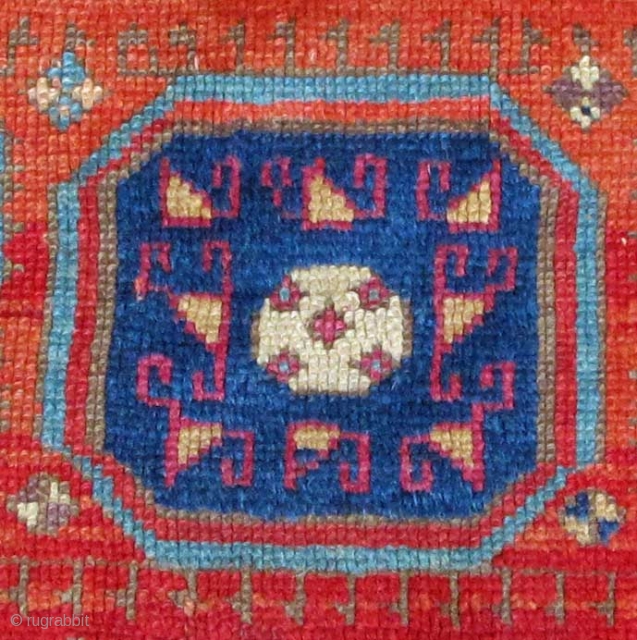 Rare horizontally finely woven Yastik showing Guls which appear to be 
derived from the octagon medallions seen on "Holbein" rugs.
These forms containing zoomorphic devices seem likely to be the
prototypes of the Salor  ...