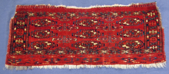 Very rarely are diminutive Tekke Mafrashes with decorated elems found,
very finely woven with good pile and beautiful natural colors,
19th. century, 27" X 11"[69 X 29cm]        