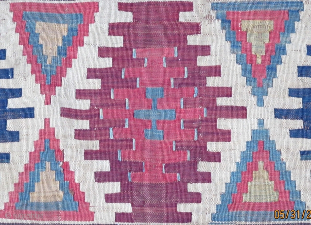   Fine Shirvan kelim with extraordinary colors, early 19th. century, 3 minor slits easily repaired,
  needful of a bath, 103" X 55"         