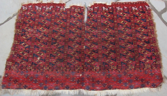  Finely woven Tekke Aina Gul Chuval, a bit ragged...but best of type:  cloth-like quality, profuse silk highlights, 
cotton highlights, 19th. century, 44'' X 28''(112 X 71cm)     