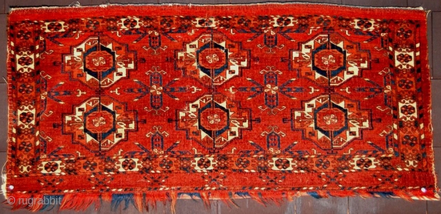 Circa 1800 or Earlier Rare Tekke 6 Gul Torba with Very Round Guls, Ruby Red Silk Highlights, 3' 7'' x 1' 8''. (Click on image to view back)     